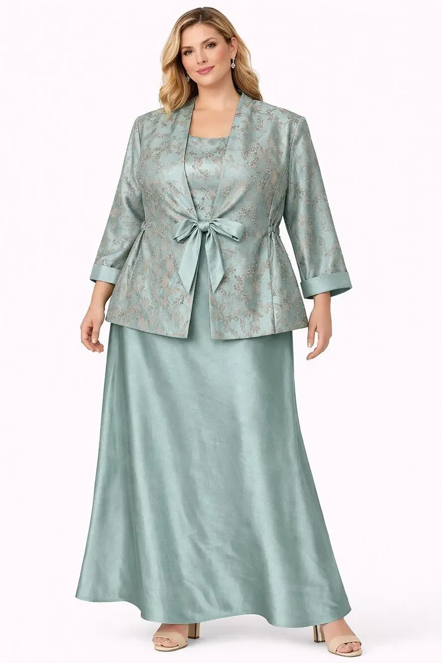 2000s R&M Richards seafoam brocade jacket & satin dress set size 18